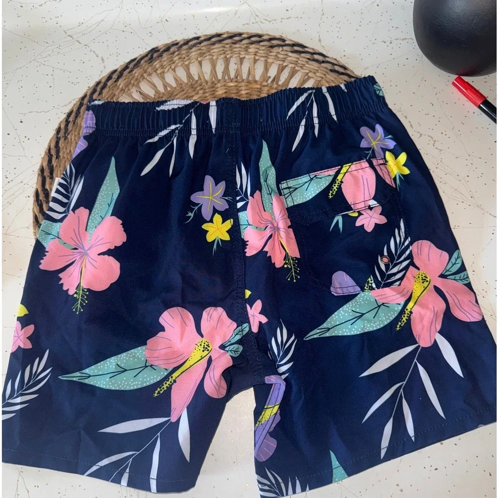 Vintage Summer Boys Navy Blue Tropical Hibiscus Floral Swim Trunks Size 10 NWT